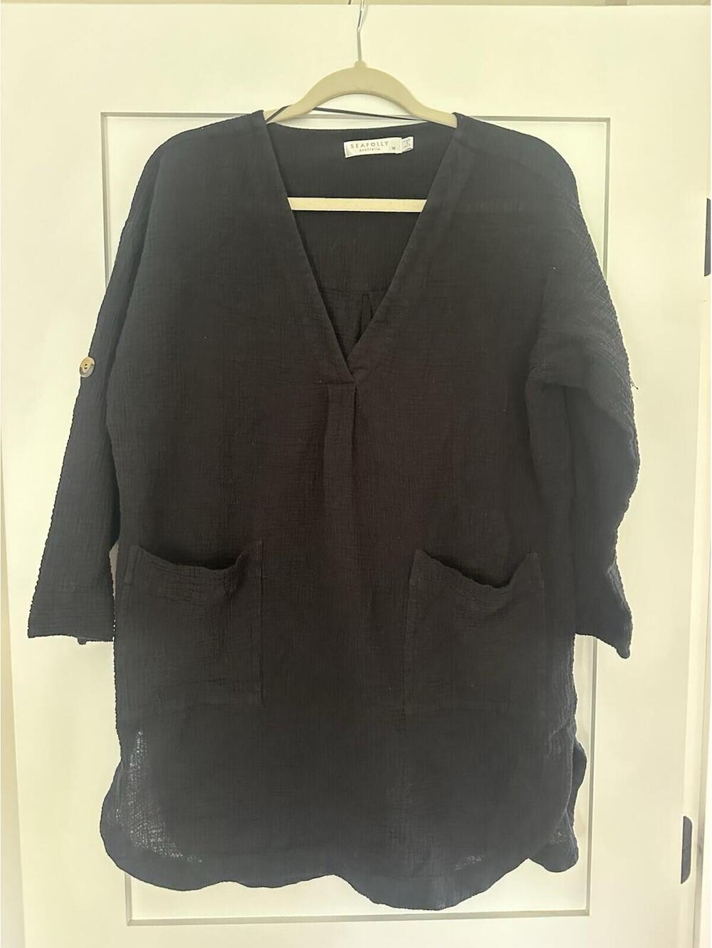 Seafolly Women's V Neck Roll Sleeves Swimsuit Cover-up Tunic  sz  M Black